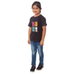 Girls' Black Cotton Half Sleeve T-Shirt with Cat Print