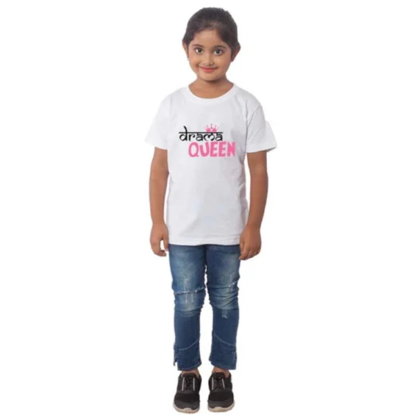Girls' White Cotton Half Sleeve T-Shirt with Drama Queen Print