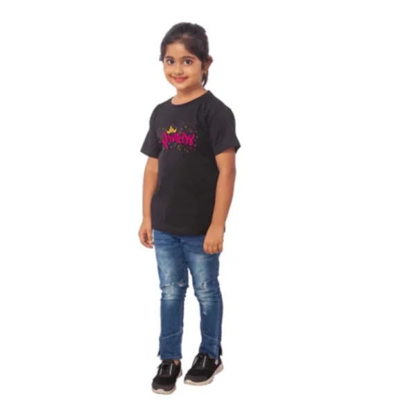 Black Cotton Half Sleeve T-Shirt for Girls with Princess Print