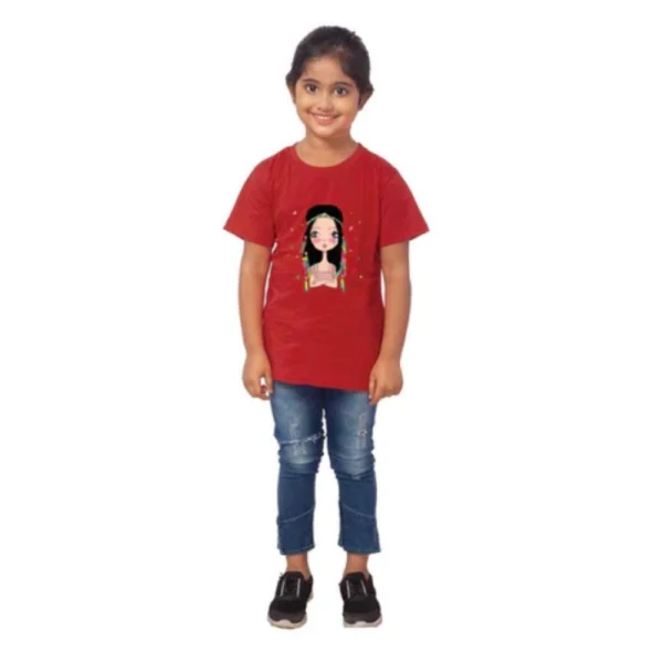 Girls' Maroon Cotton Half Sleeve T-Shirt with Tribal Print
