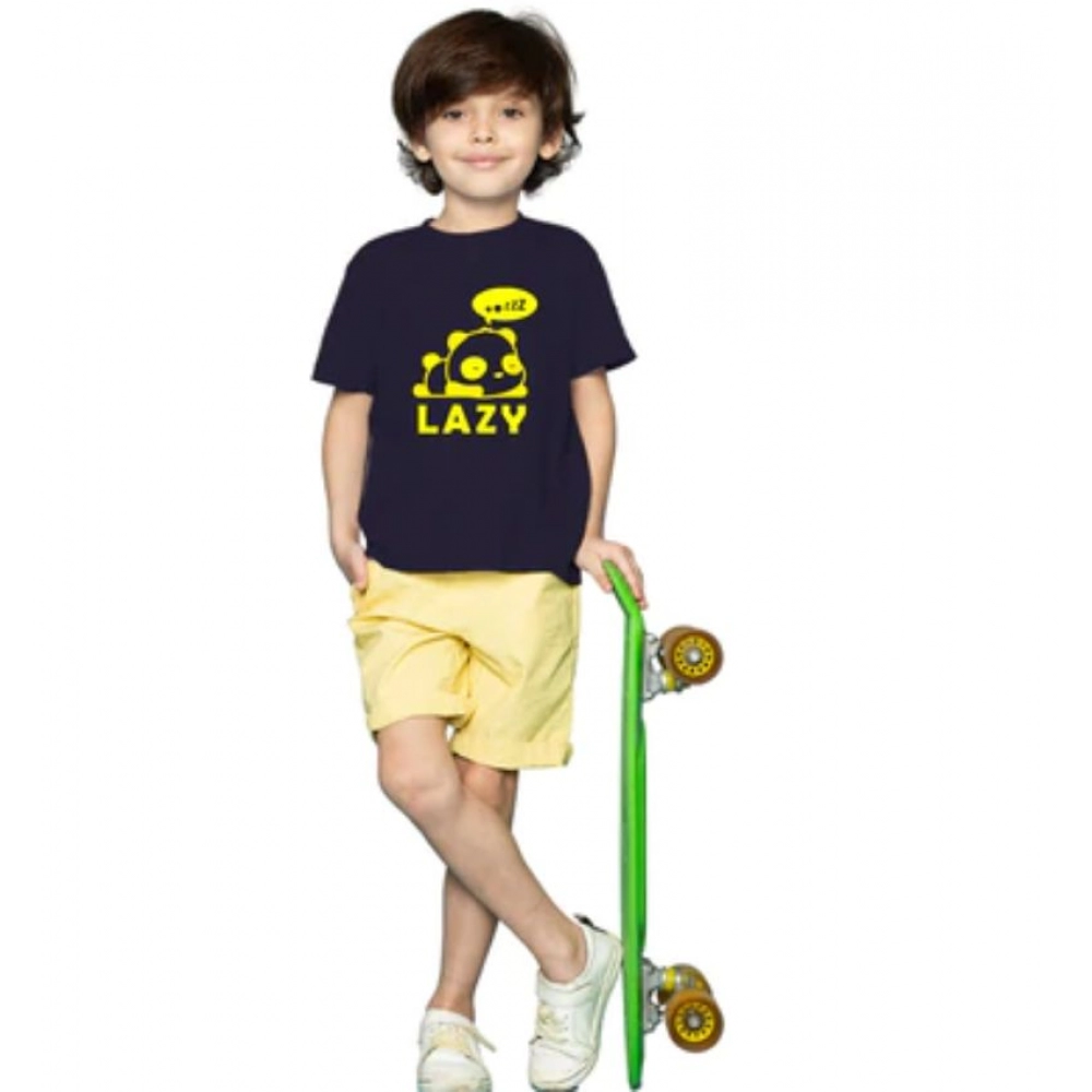 Black Cotton Half Sleeve T-Shirt for Boys with Lazy Print