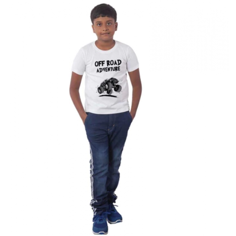 White Cotton Half Sleeve T-Shirt for Boys with Off Road Adventure Print