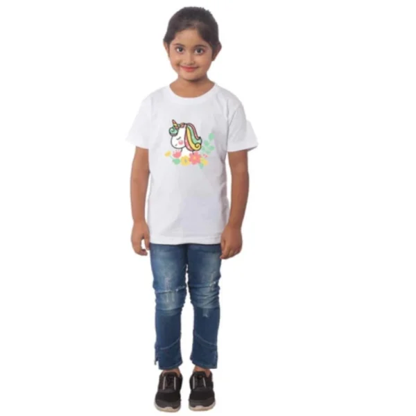 White Cotton Half Sleeve T-Shirt for Girls with Unicorn Face Print