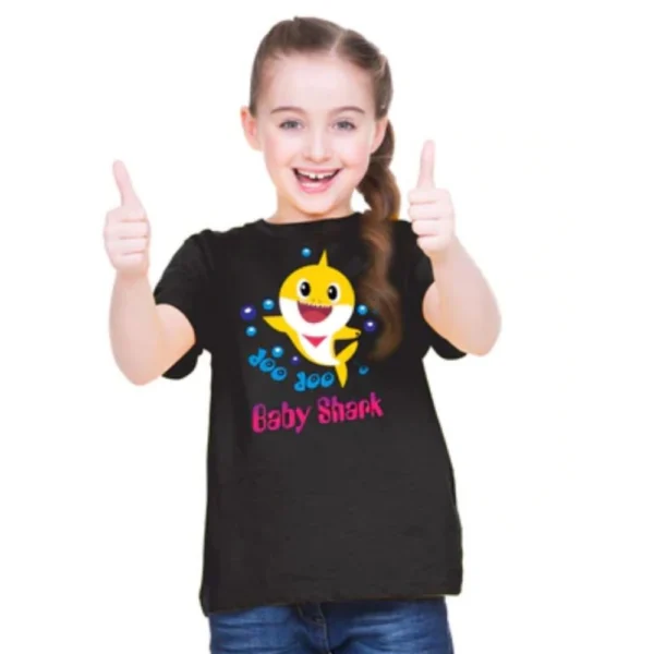 Black Cotton Baby Shark T-Shirt for Girls