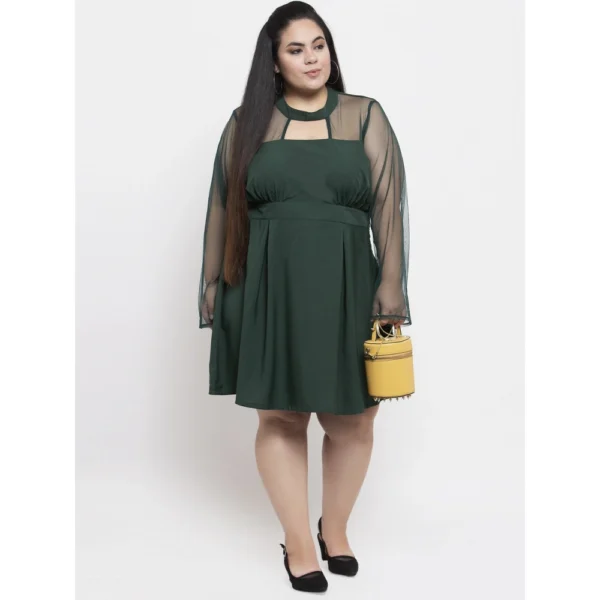 Generic Women's Crepe Solid Knee Length Fit and Flare Dress (Green)