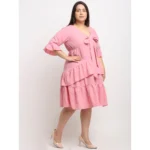 Generic Women's Crepe Solid Knee Length Fit and Flare Dress (Pink) - Image 3