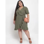 Generic Women's Crepe Solid Knee Length Fit and Flare Dress (Olive Green) - Image 3