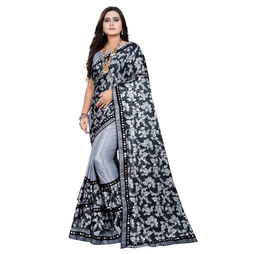 Grey Lycra Blend Saree with Blouse