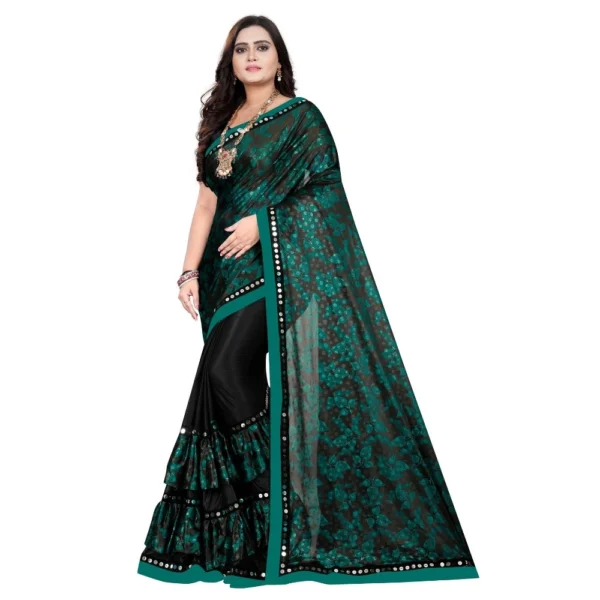 Beautiful Green Lycra Blend Saree with Mirror Work Blouse