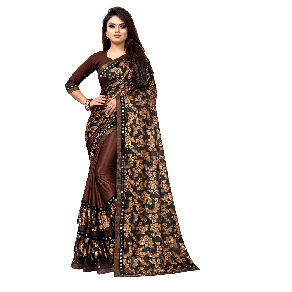 Coffee Women's Lycra Blend Saree with Blouse