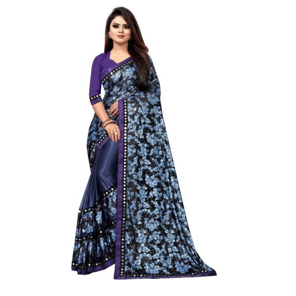 Blue Lycra Blend Saree with Mirror Work Blouse