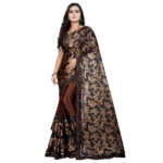 Stylish Coffee Lycra Blend Saree with Mirror Work Blouse