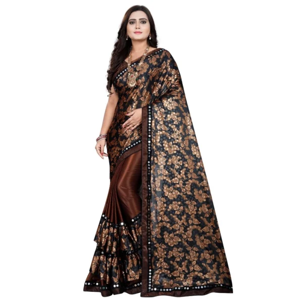 Stylish Coffee Lycra Blend Saree with Mirror Work Blouse