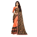 Orange Lycra Blend Saree with Mirror Work Blouse