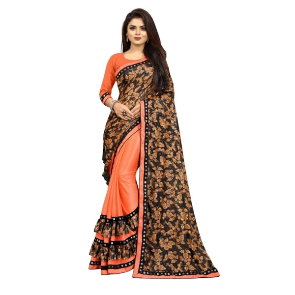 Orange Lycra Blend Saree with Mirror Work Blouse