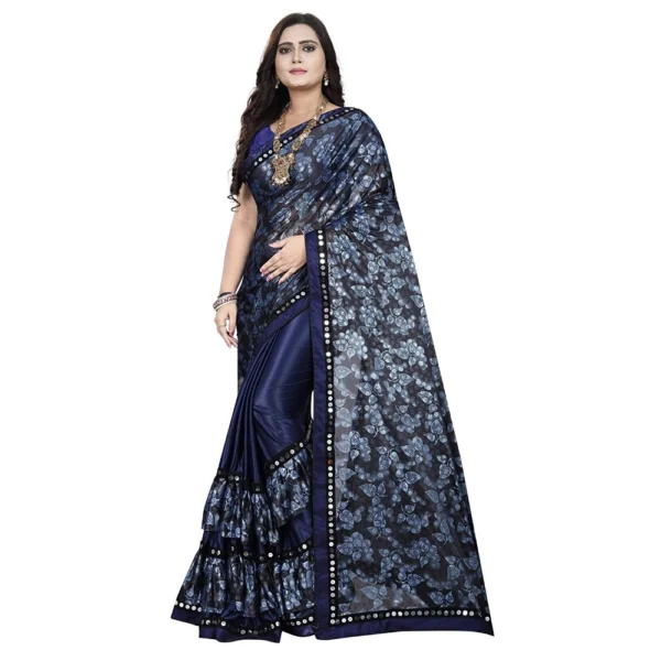 Vibrant Blue Lycra Blend Saree with Mirror Work Blouse