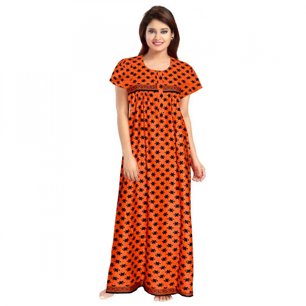 Orange Cotton Printed Maxi Nighty