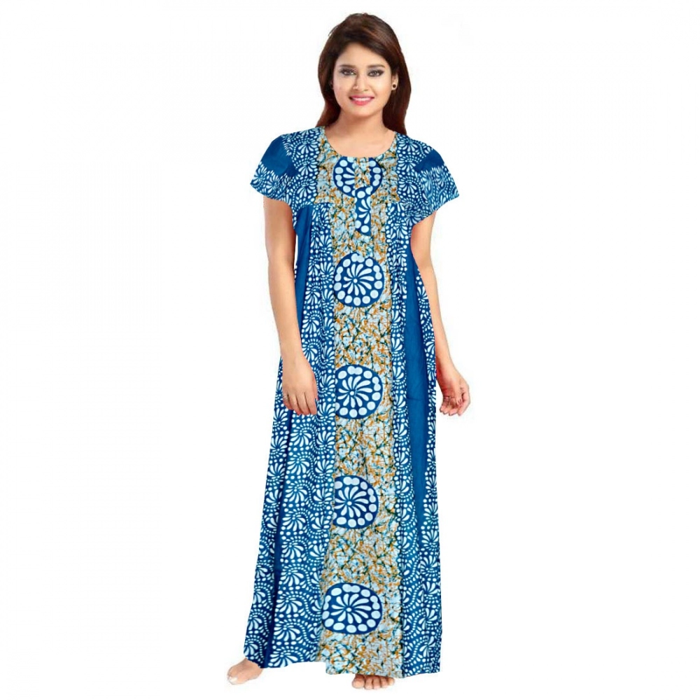 Women's Blue Cotton Printed Maxi Nighty