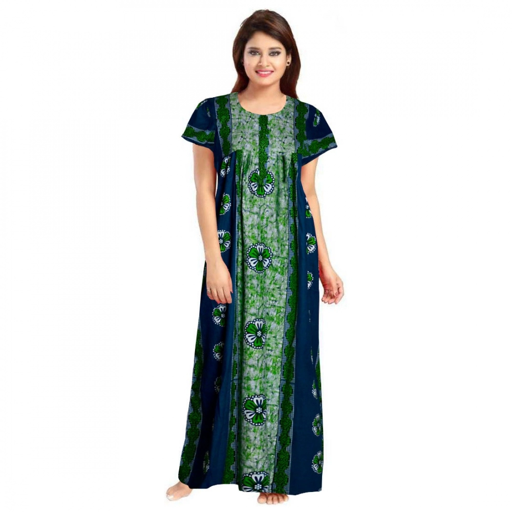 Women's Green Cotton Printed Maxi Nighty