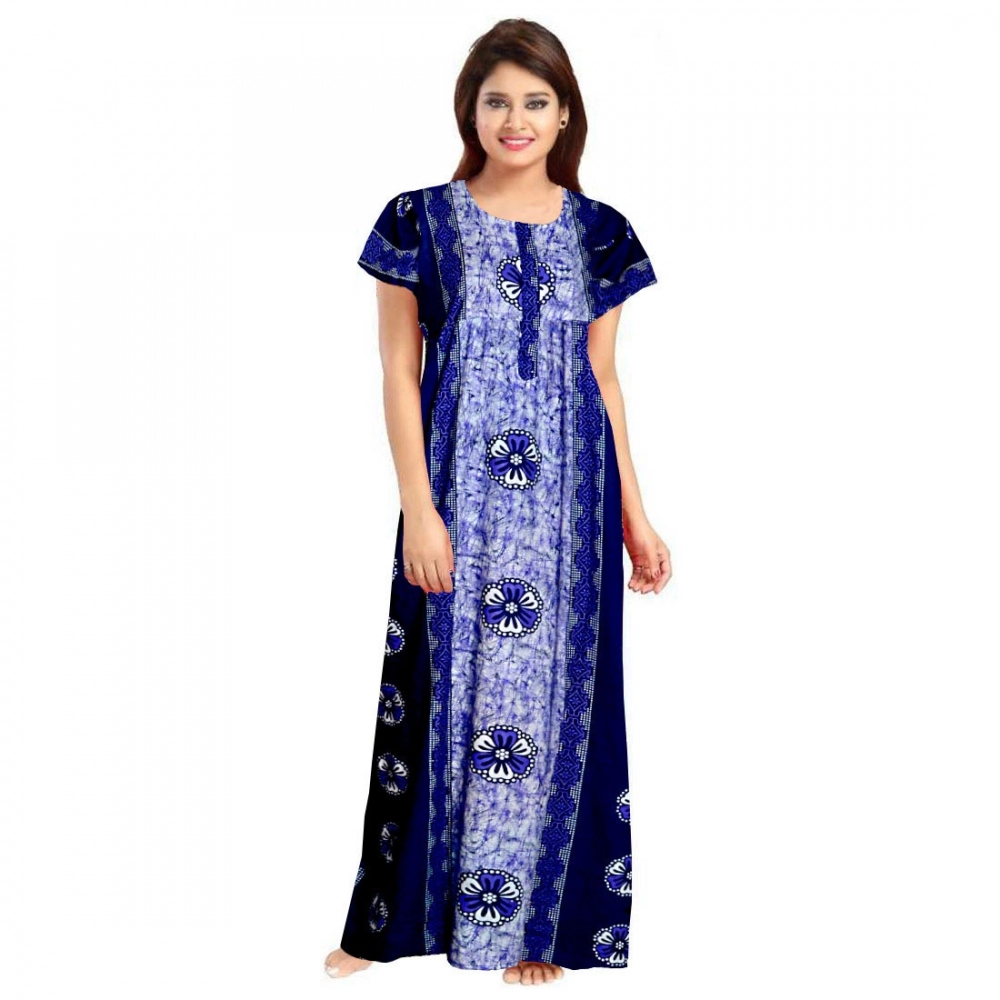 Women's Blue Cotton Printed Maxi Nighty