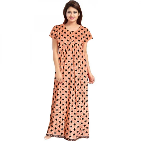 Peach Cotton Printed Maxi Nighty