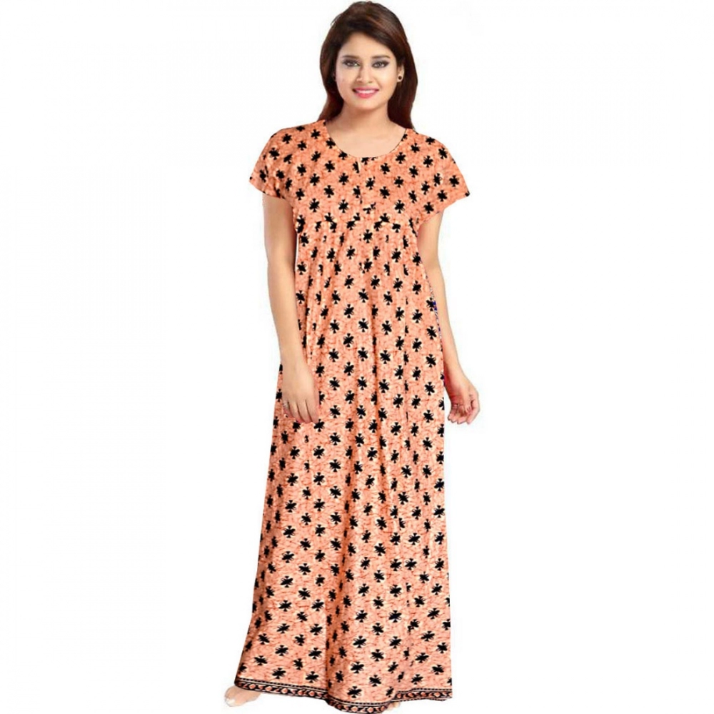 Peach Cotton Printed Maxi Nighty
