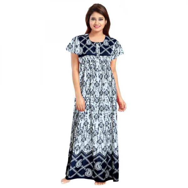 Women's Navy Blue Cotton Printed Maxi Nighty