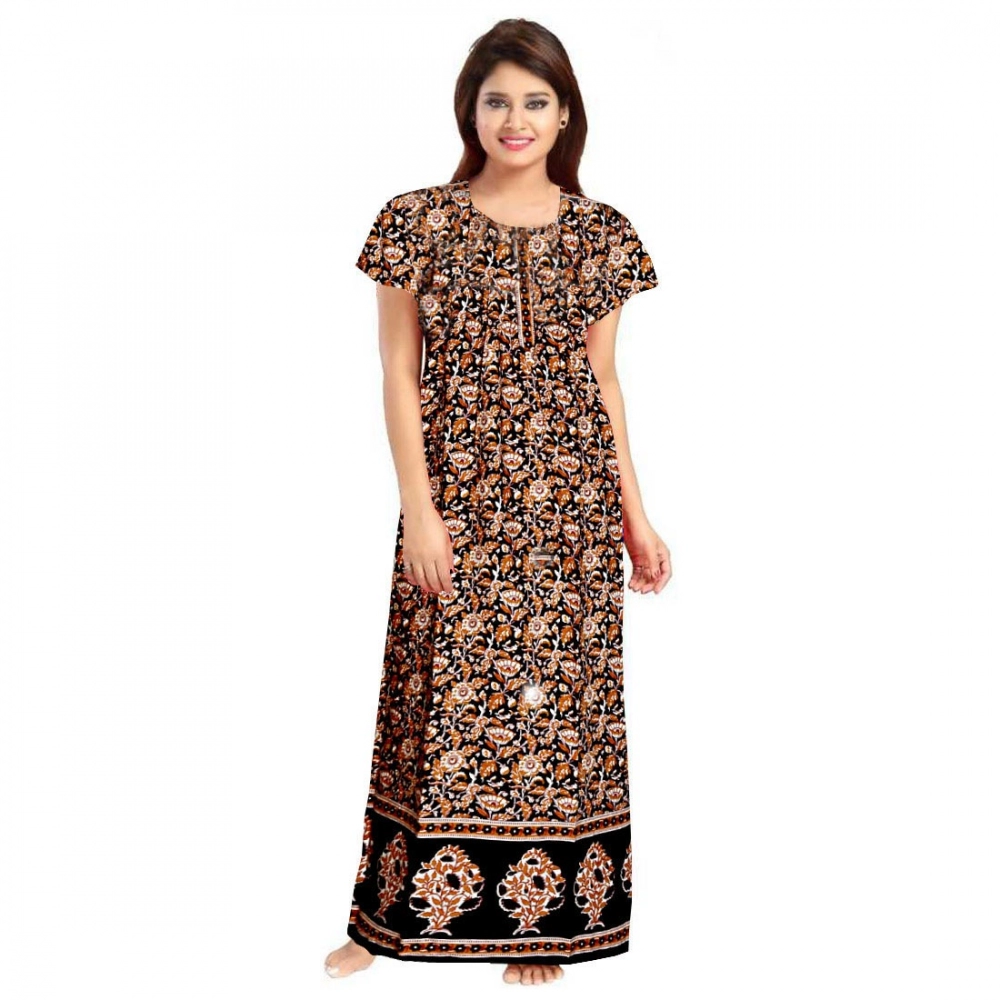 Women's Brown Cotton Printed Maxi Nighty