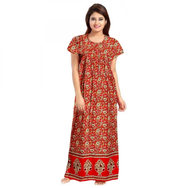 Women's Red Cotton Printed Maxi Nighty