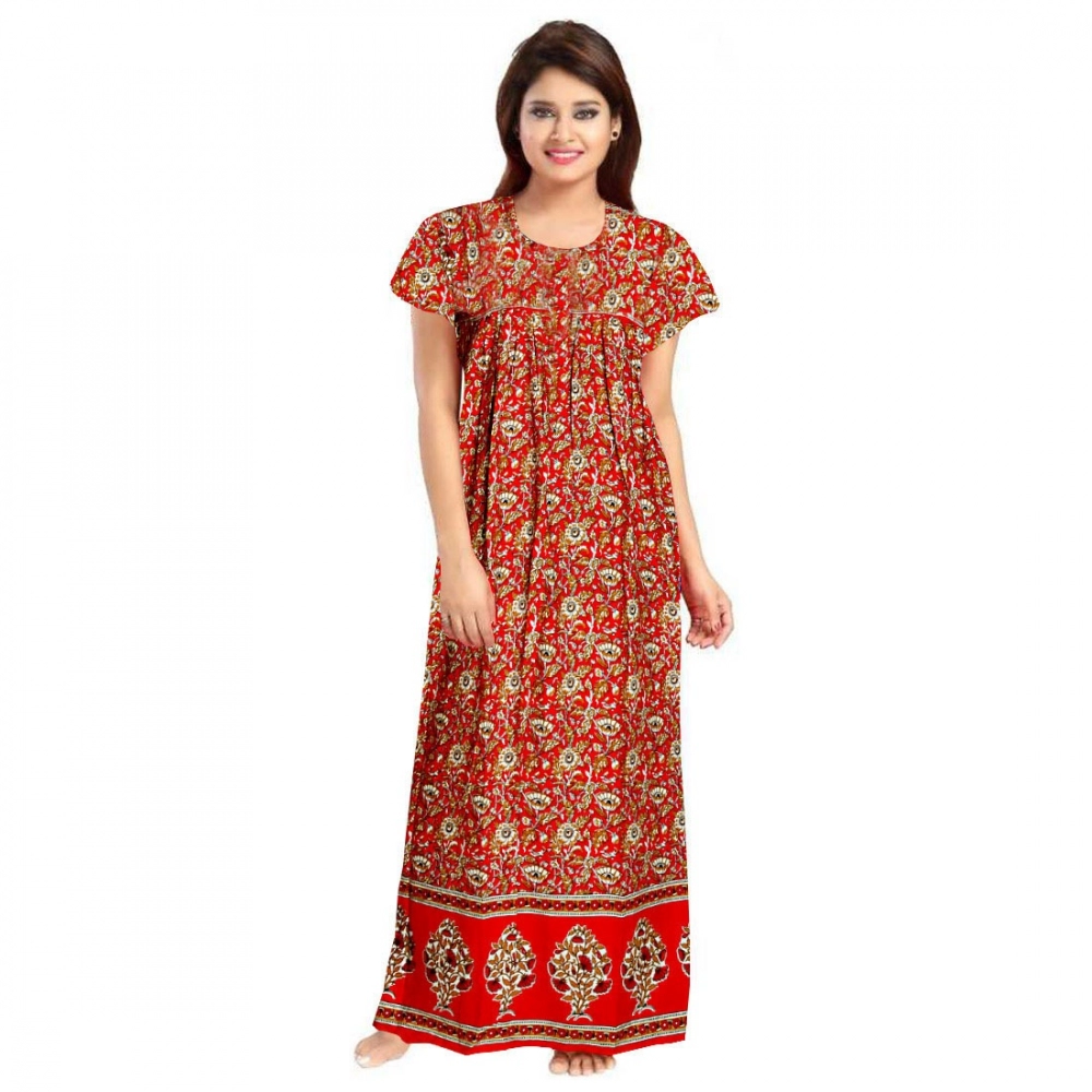 Women's Red Cotton Printed Maxi Nighty