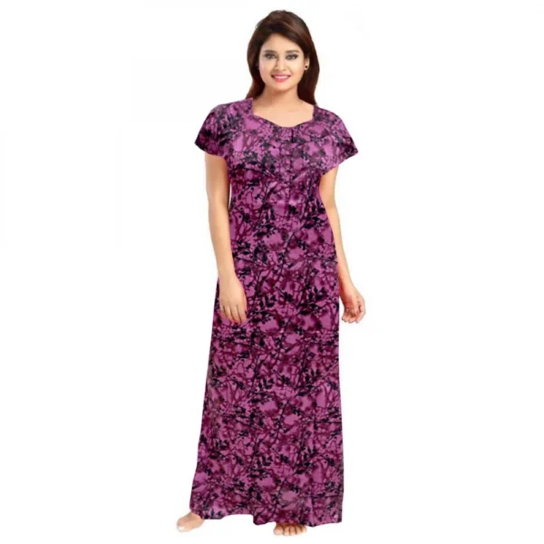 Wine Cotton Printed Maxi Nighty for Women