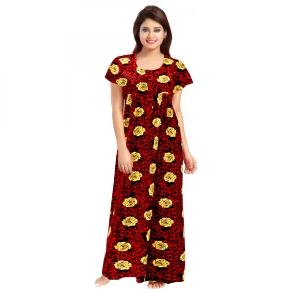 Maroon Cotton Printed Maxi Nighty for Women