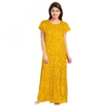 Yellow Cotton Printed Maxi Nighty
