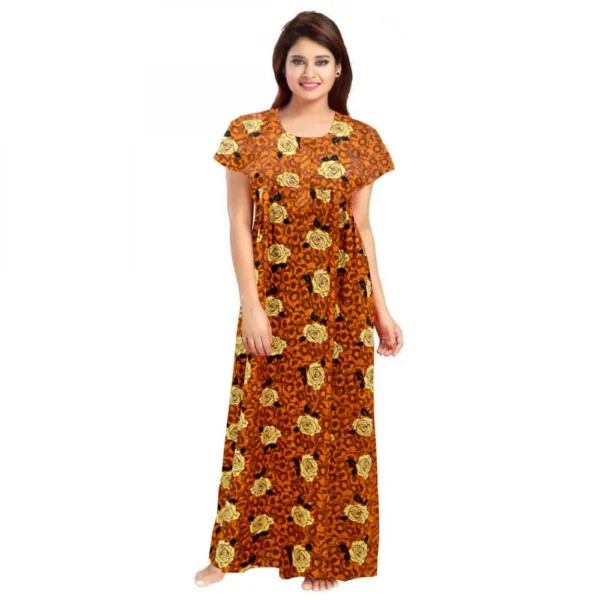 Mustard Cotton Printed Maxi Nighty for Women