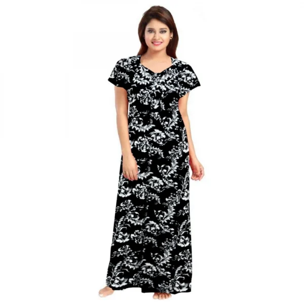 Women's Black Cotton Printed Maxi Nighty