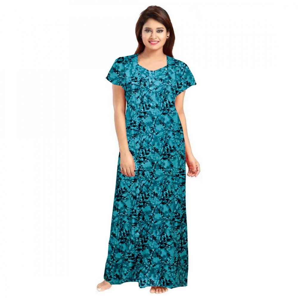 Blue Cotton Printed Maxi Nighty for Women