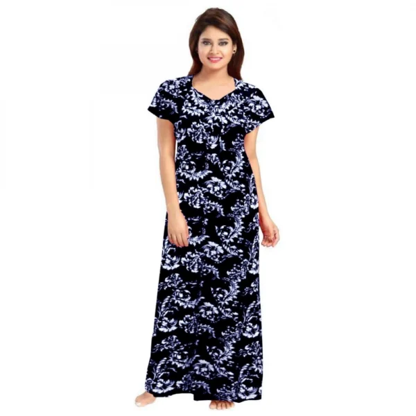 Blue Cotton Printed Maxi Nighty for Women