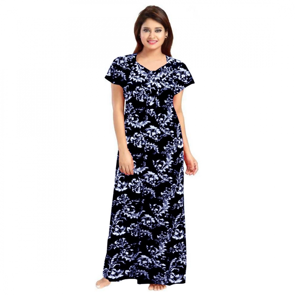 Blue Cotton Printed Maxi Nighty for Women