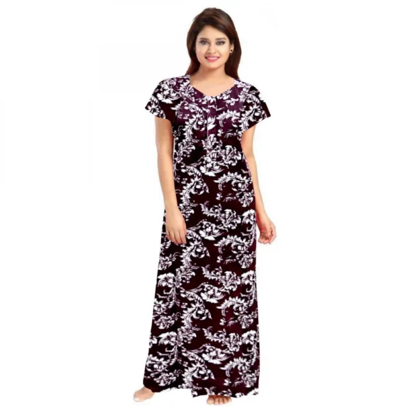Women's Wine Cotton Printed Maxi Nighty