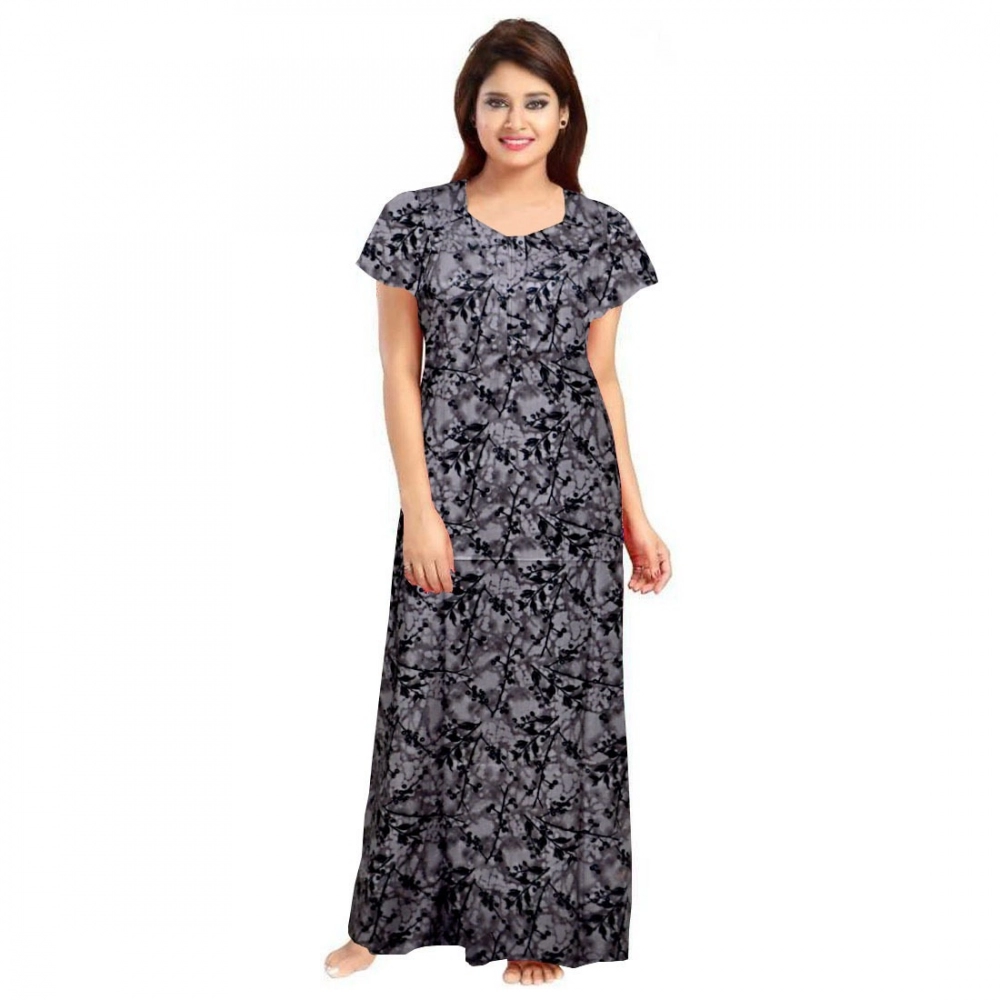 Grey Cotton Printed Maxi Nighty for Women