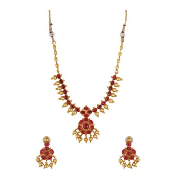 Women's Elegant Red Kampu Necklace Set - Free Size - With Dupatta by Nari Haat, Indian ethnic wear, women clothing, d...