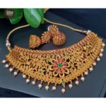 Elegant Red & Green Indian Temple Choker Set with Earrings, Free Size - With Dupatta by Nari Haat, Indian ethnic wear...