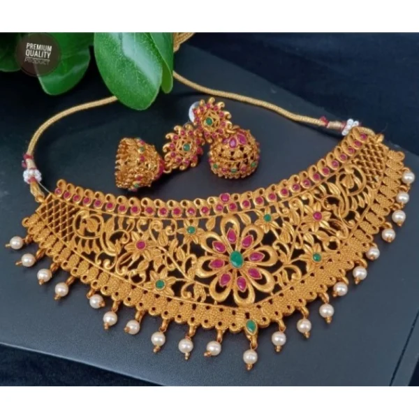 Elegant Red & Green Indian Temple Choker Set with Earrings, Free Size - With Dupatta by Nari Haat, Indian ethnic wear...