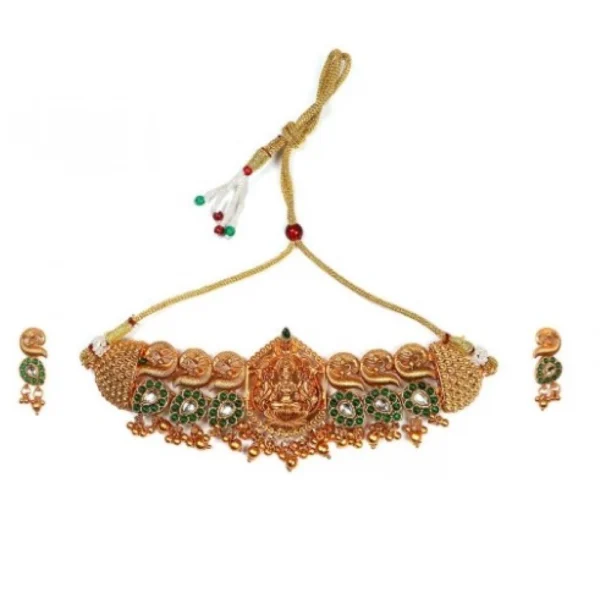 Women's Green Laxmi Choker Necklace Set with Earrings - Free Size - With Dupatta by Nari Haat, Indian ethnic wear, wo...