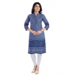 Generic Women's 3/4th Sleeve Cotton Blend Tunic Long Kurti (Blue) - Image 3