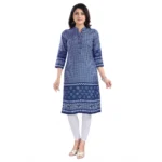 Generic Women's 3/4th Sleeve Cotton Blend Tunic Long Kurti (Blue)