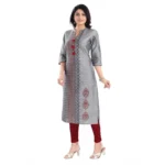 Generic Women's 3/4th Sleeve Silk Blend Tunic Long Kurti (Grey) - Image 2