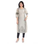 Generic Women's 3/4th Sleeve Silk Blend Tunic Long Kurti (Beige)