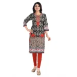 Generic Women's 3/4th Sleeve Cotton Blend Tunic Long Kurti (Black) - Image 2