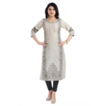 Generic Women's 3/4th Sleeve Silk Blend Tunic Long Kurti (Beige) - Image 3